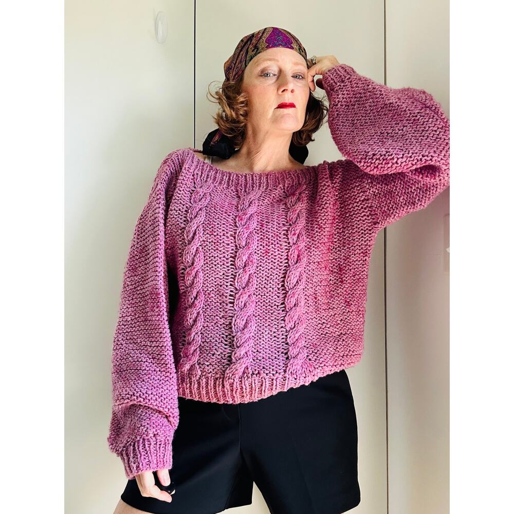 Handmade Wool Cable Knit Sweater Lilac Purple Balloon Sleeve Chunky Size L